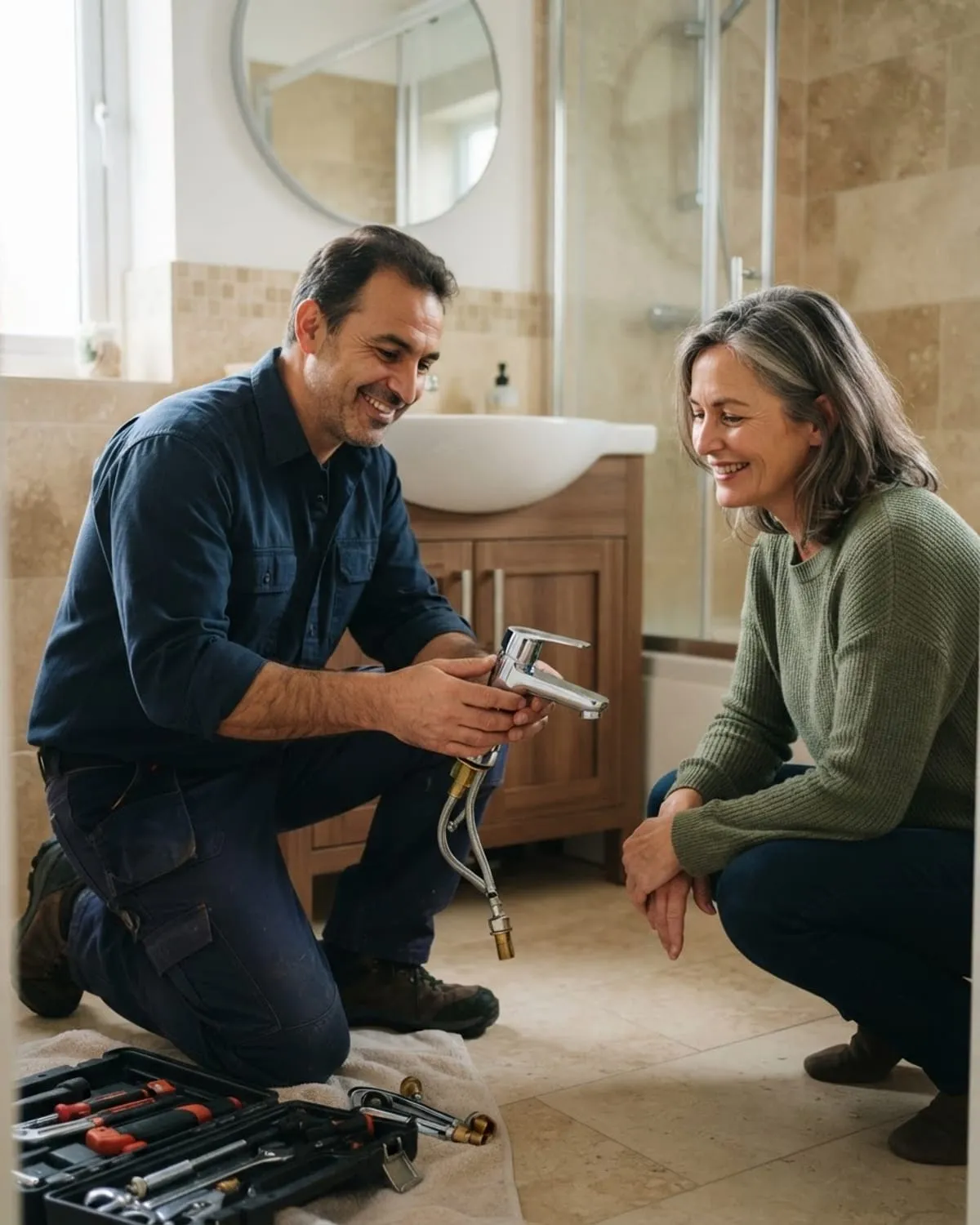 Idraulico inginocchiato in un bagno mostra a una cliente sorridente un nuovo rubinetto