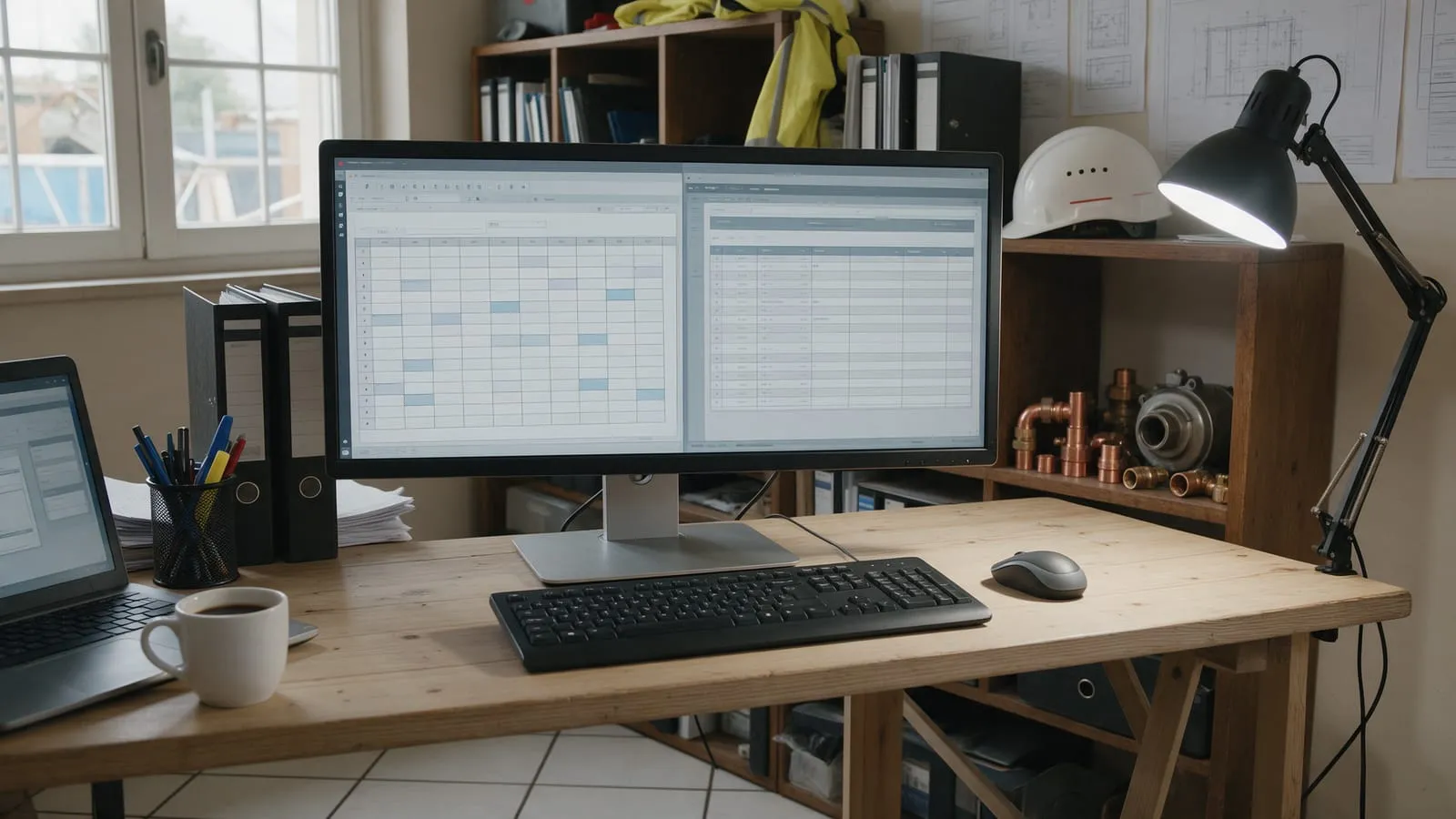 Monitor con calendario delle manutenzioni su una scrivania con elmetto e raccordi sullo scaffale