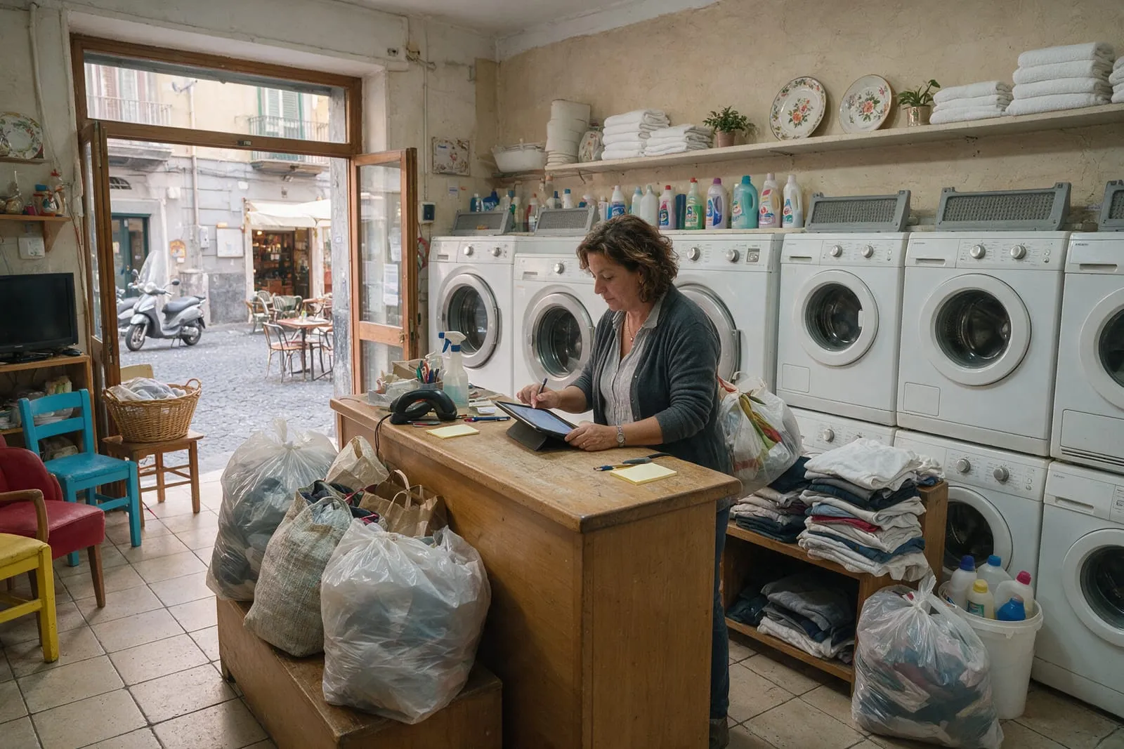 Titolare di una lavanderia registra un ordine sul tablet al banco, con i sacchi dei capi dei clienti accanto