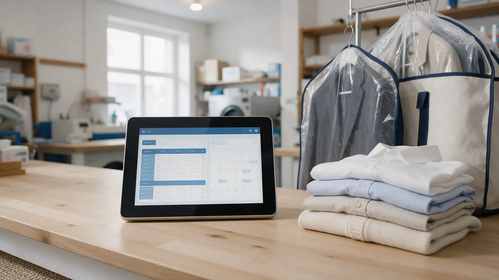 Tablet con elenco ordini sul bancone di una lavanderia accanto a camicie piegate e abiti in custodia