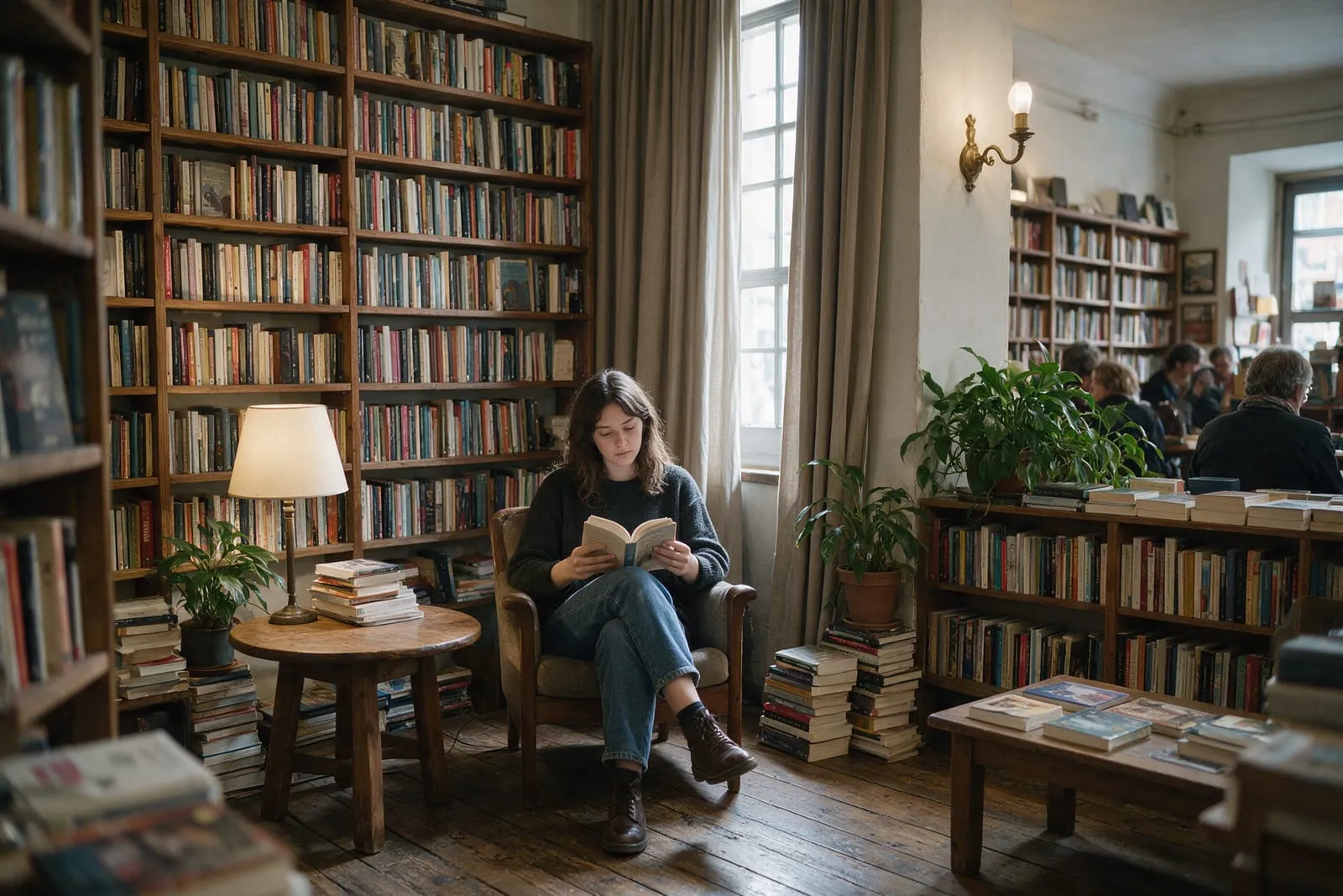 Giovane lettrice seduta in poltrona in un angolo di libreria indipendente con gli scaffali alle spalle