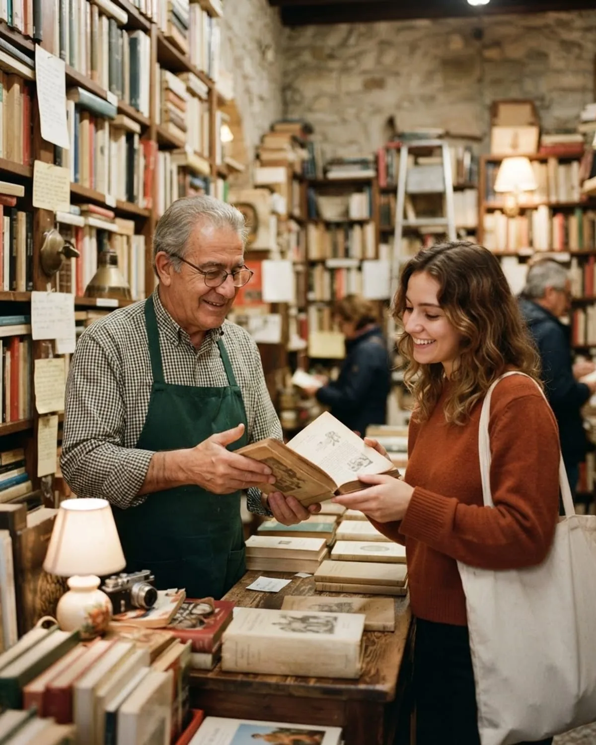 Libraio consiglia un libro aperto a una giovane cliente tra gli scaffali di una libreria
