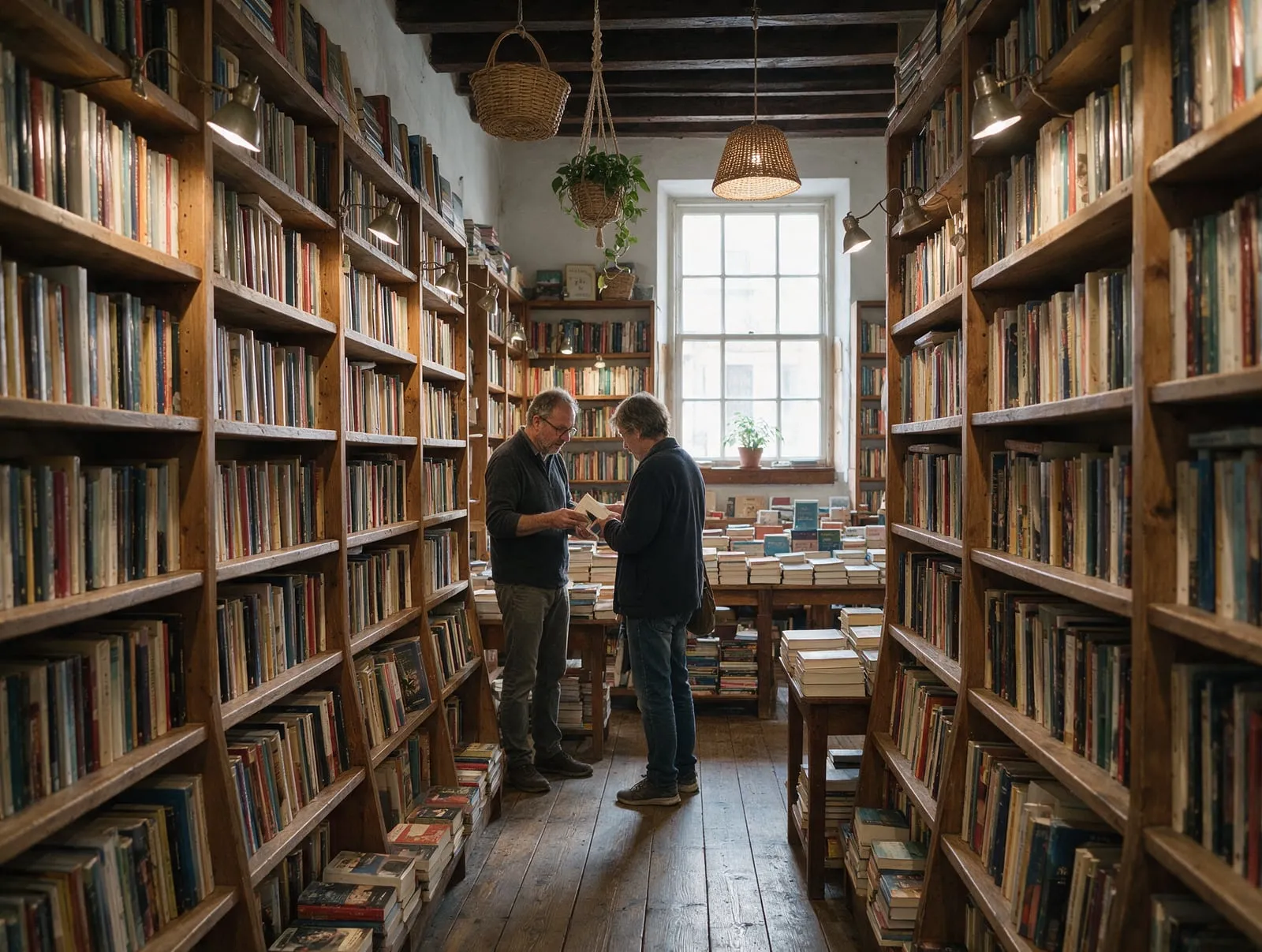 Libraio che consiglia un libro a un cliente tra gli scaffali