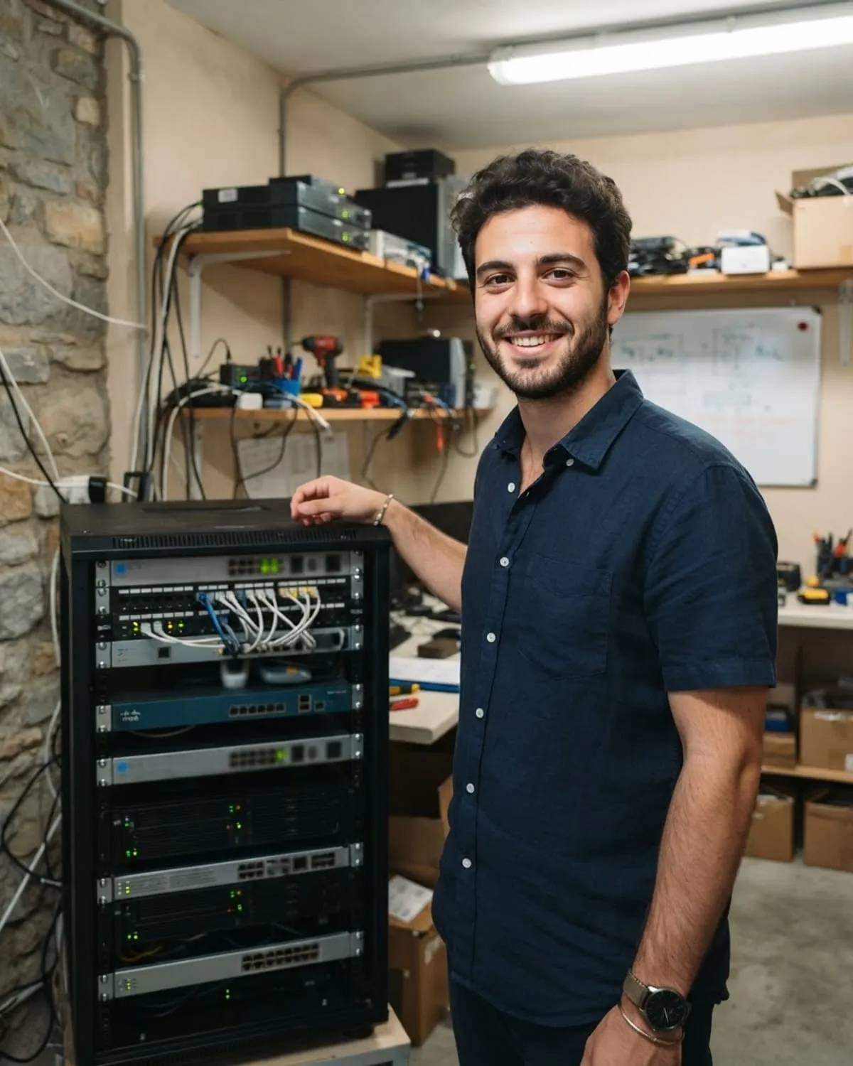 Un giovane tecnico informatico sorride accanto a un piccolo armadio di rete nel retro di un'azienda