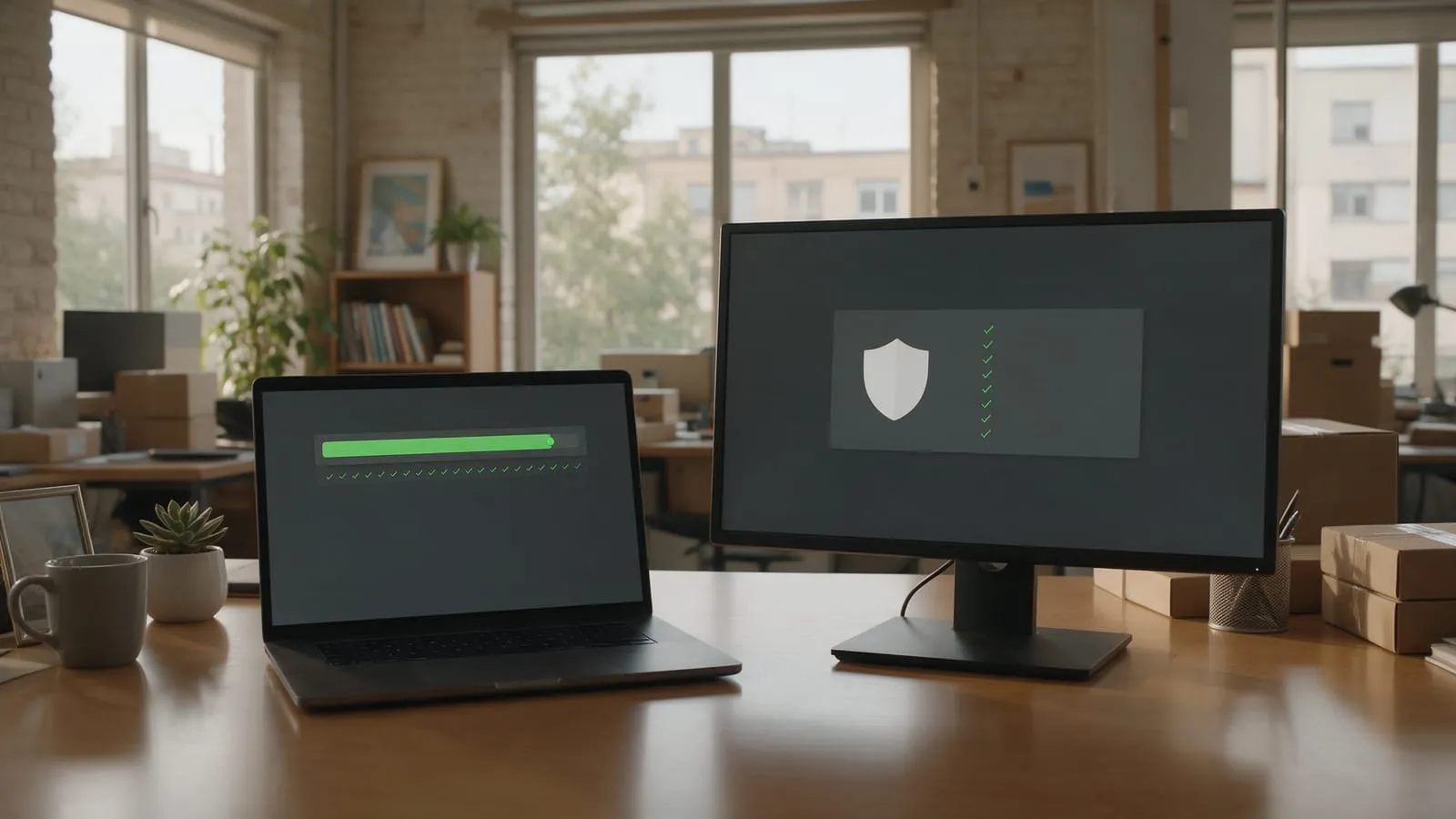 Un portatile e un monitor su una scrivania mostrano una barra di avanzamento e uno scudo con segni di spunta verdi