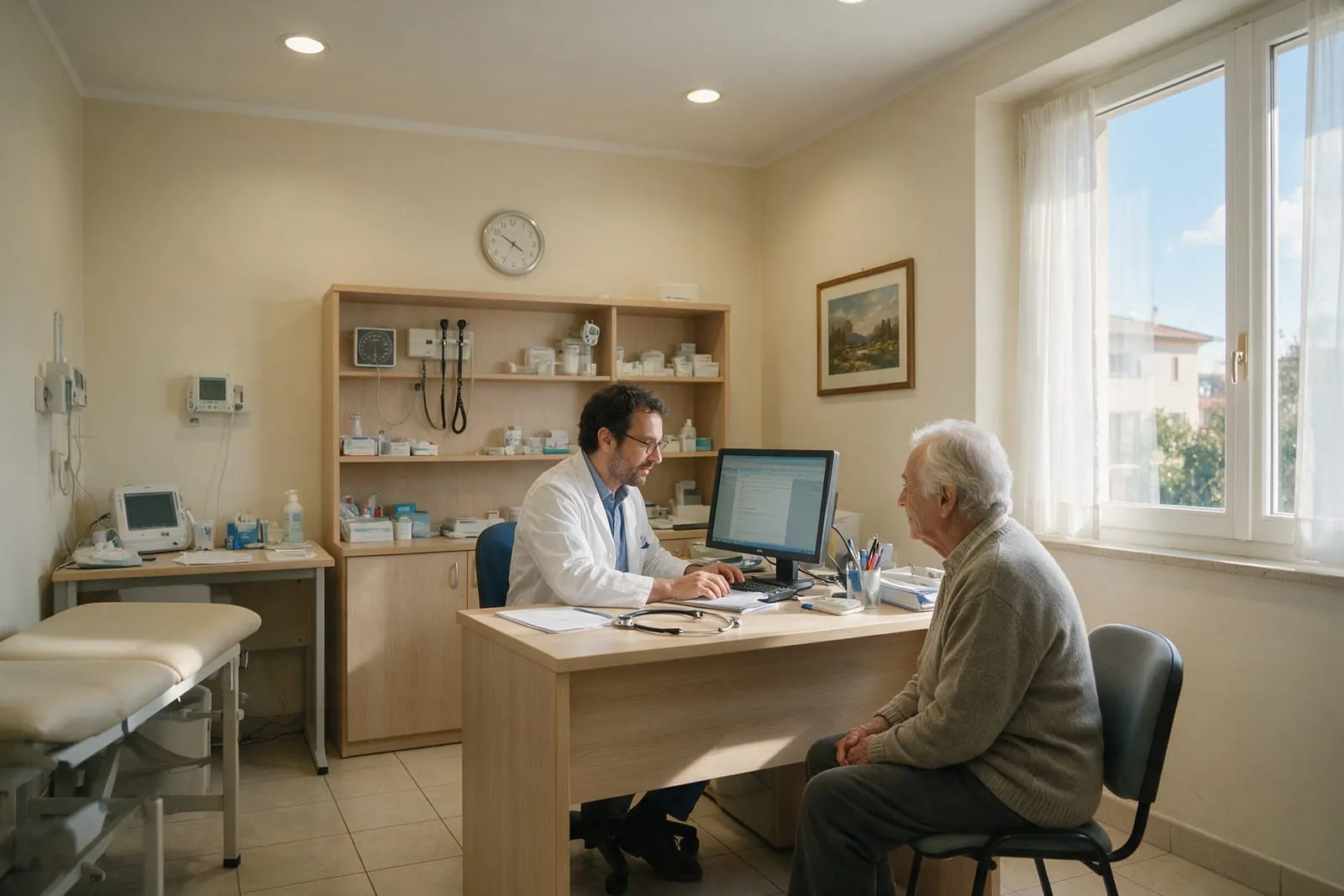 Medico di famiglia aggiorna la cartella al computer mentre un paziente anziano attende nel suo ambulatorio