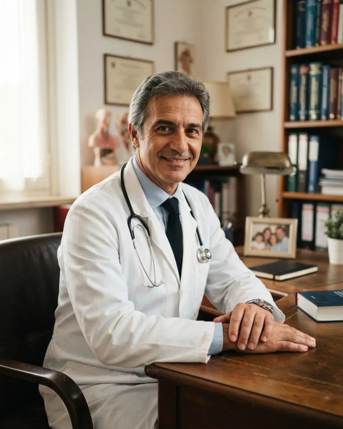 Medico in camice bianco con lo stetoscopio seduto nel suo studio, con diplomi e libri alle spalle