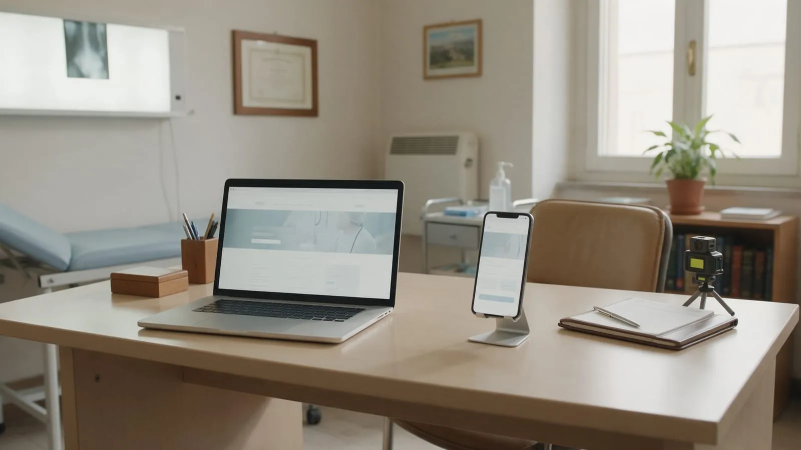 Sito di uno studio medico su laptop e smartphone su una scrivania, con il lettino visibile sullo sfondo