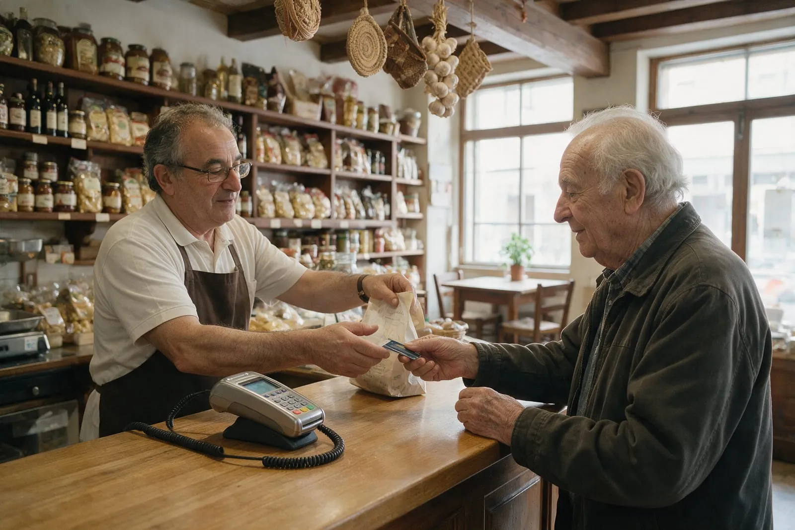 Cliente anziano paga con la carta al banco di un piccolo negozio mentre il negoziante consegna la busta
