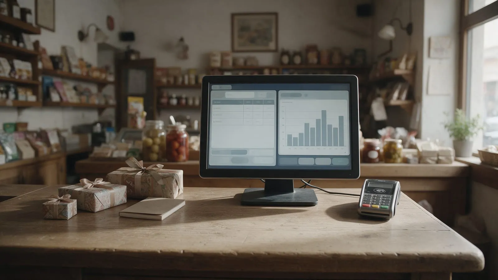 Monitor con tabella prodotti e grafico vendite sul bancone di un negozio, con pacchetti regalo e POS