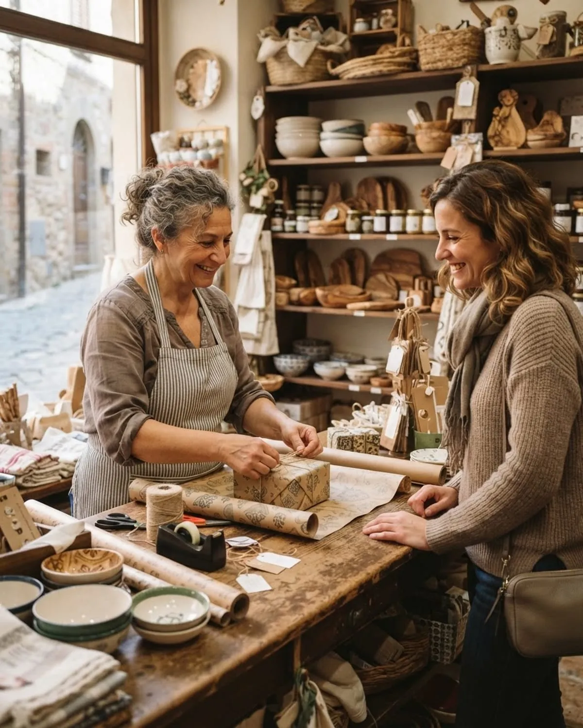 Negoziante incarta un regalo al bancone mentre una cliente sorridente osserva