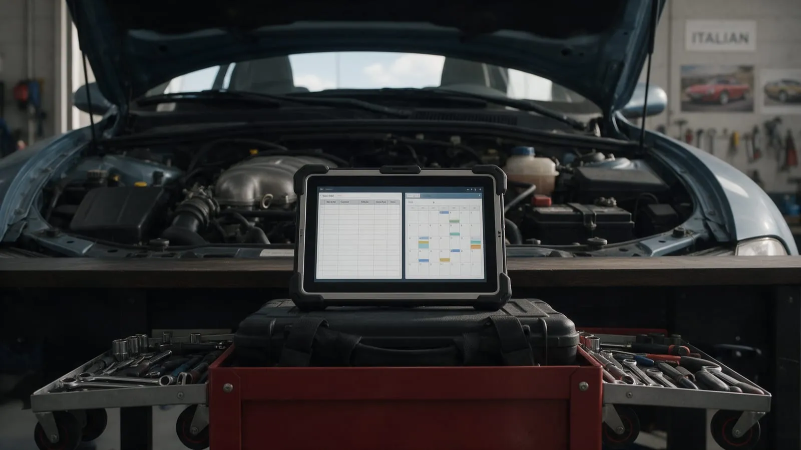 Tablet con ordini di lavoro e calendario appuntamenti su un carrello attrezzi davanti a un motore aperto