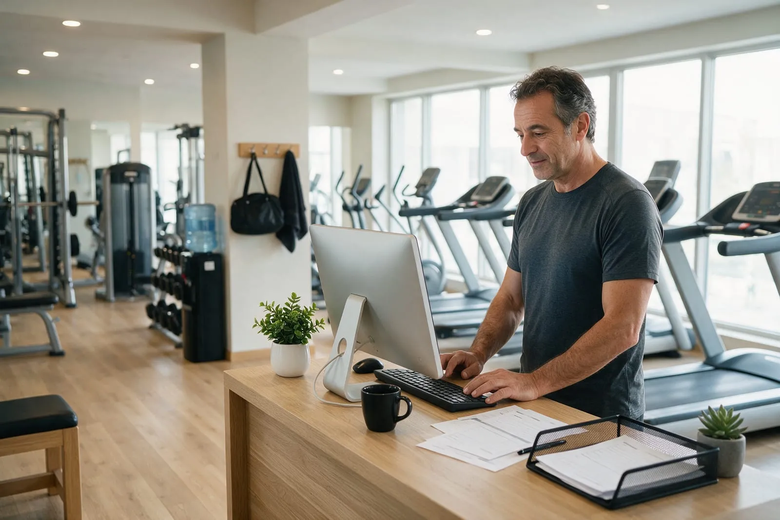 Titolare di una palestra alla reception controlla gli abbonamenti al computer, tapis roulant sullo sfondo