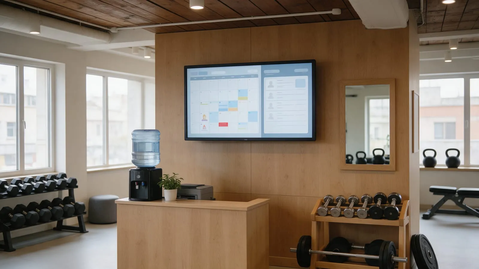 Schermo a parete alla reception di una palestra con calendario dei corsi e tabella iscritti