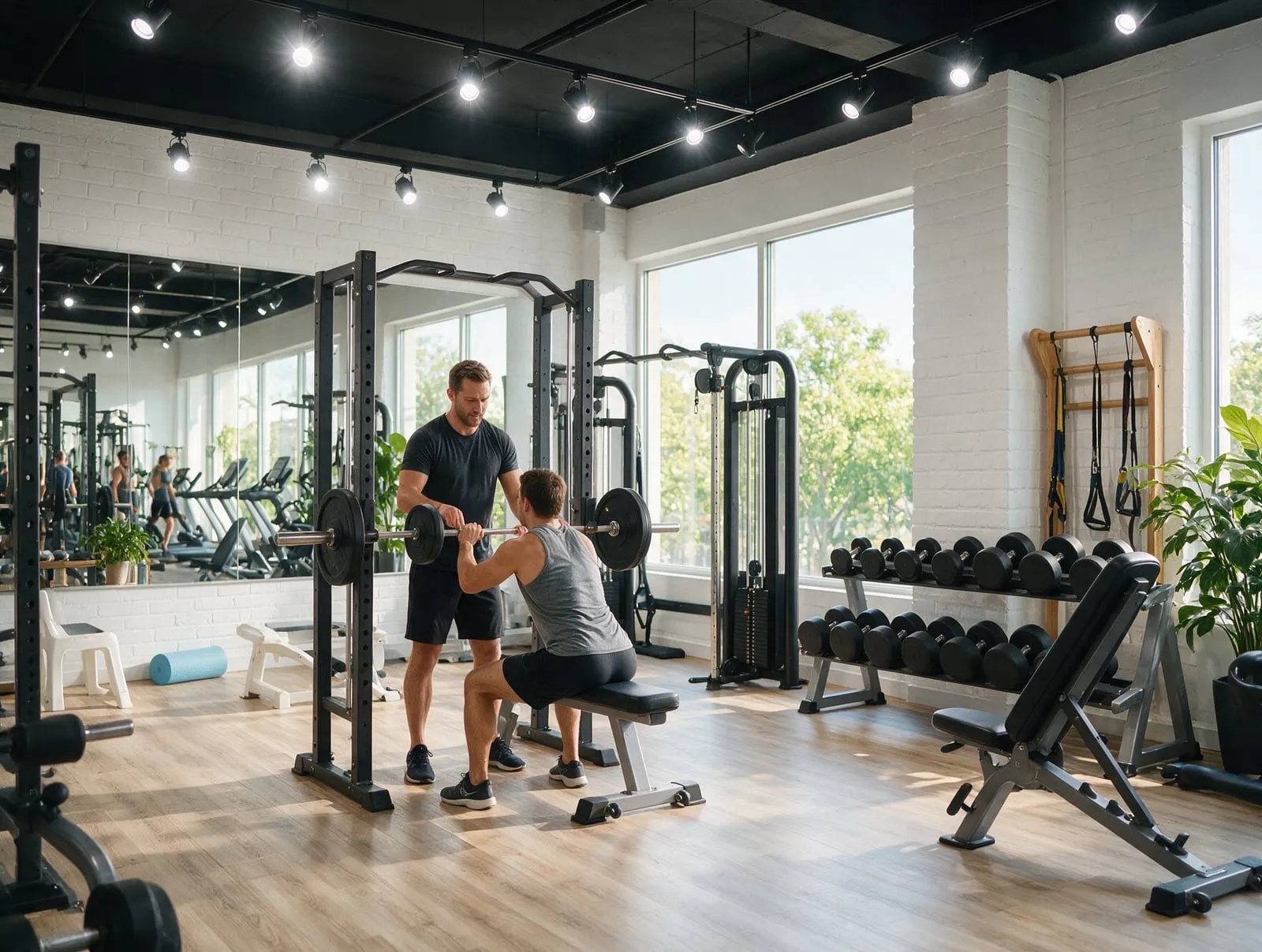 Un personal trainer segue un iscritto che si allena con i pesi