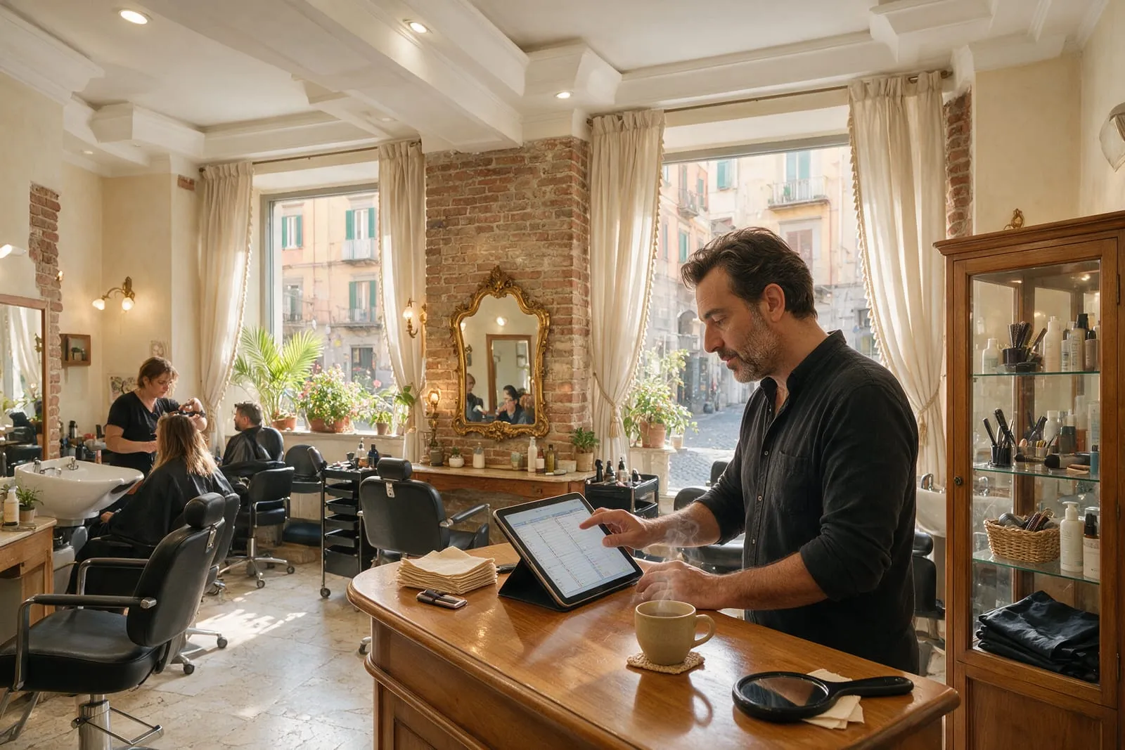 Titolare del salone alla reception consulta l'agenda degli appuntamenti sul tablet mentre una collega lavora