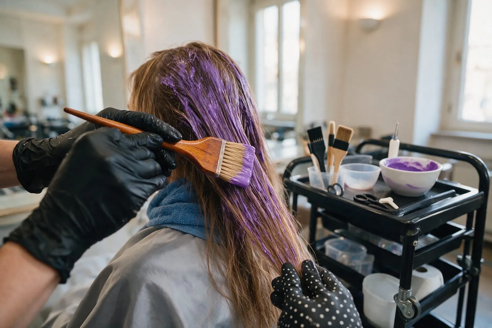 Primo piano delle mani di una parrucchiera che applica il colore ai capelli di una cliente