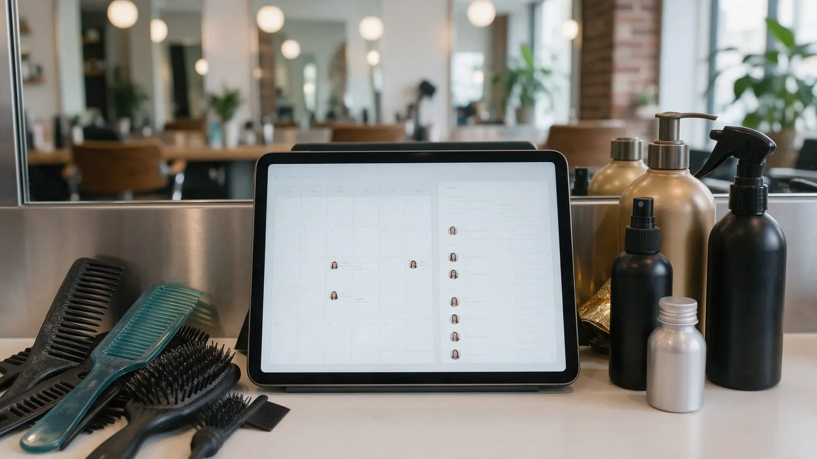 Tablet con agenda appuntamenti sulla postazione di un salone, tra pettini e prodotti per capelli