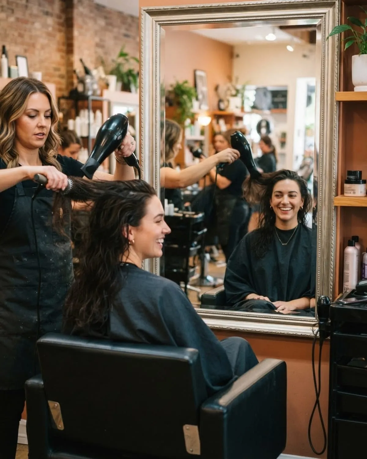 Parrucchiera asciuga i capelli a una cliente che sorride allo specchio del salone
