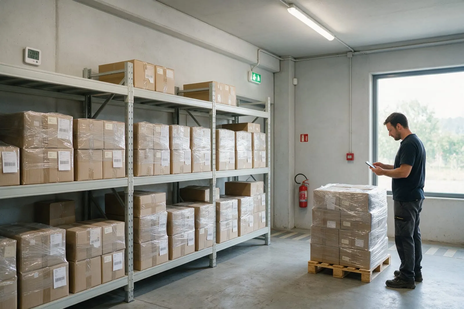 Magazziniere scansiona con lo smartphone un pacco tra gli scaffali di scatole pronte per la spedizione
