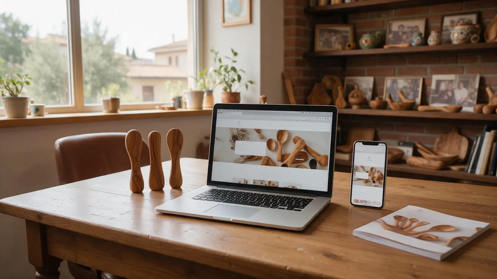 Sito di una piccola azienda su laptop e smartphone sulla scrivania dell'ufficio, con campioni di prodotto