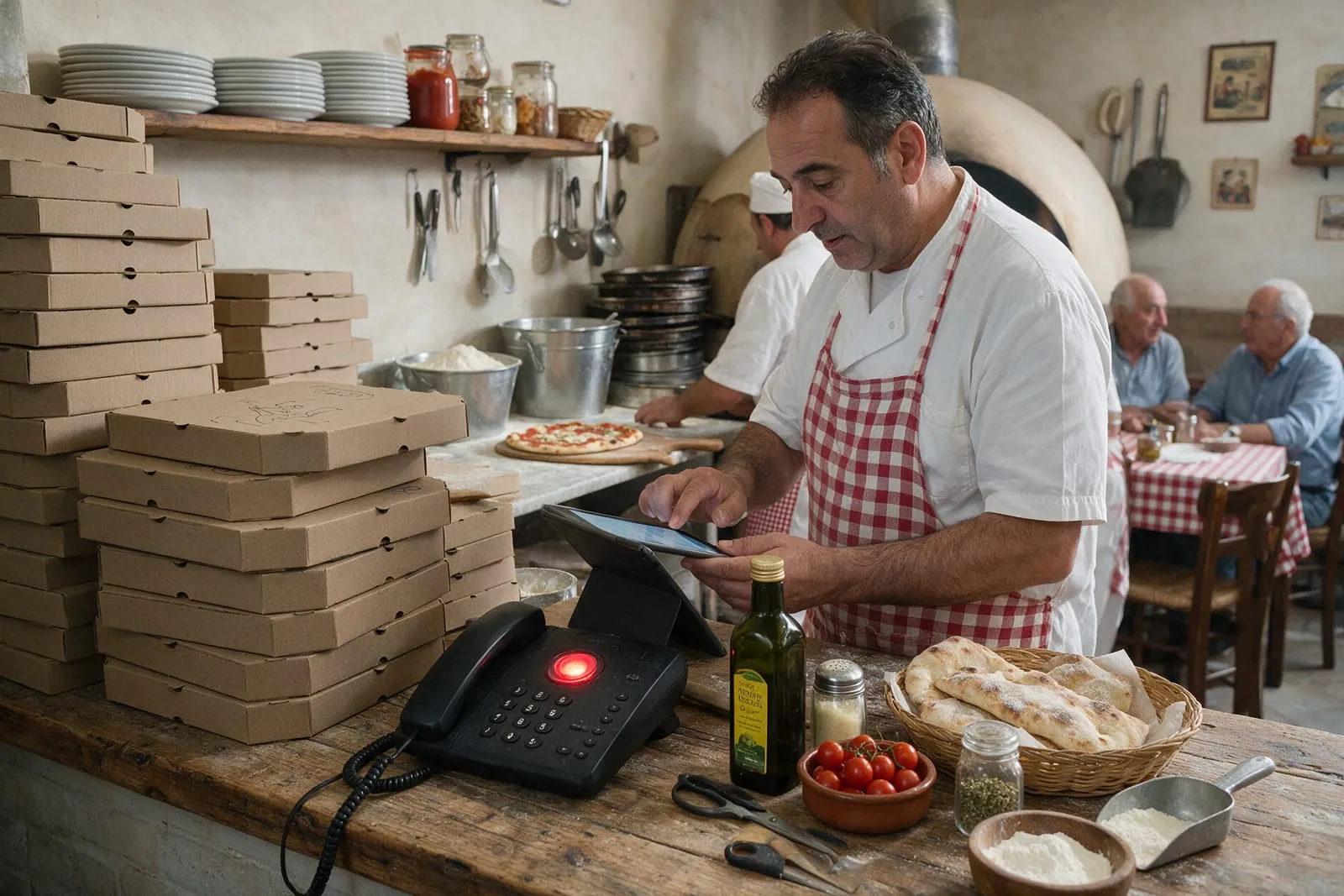 Pizzaiolo al bancone registra un ordine d'asporto sul tablet, con il telefono e i cartoni pronti accanto