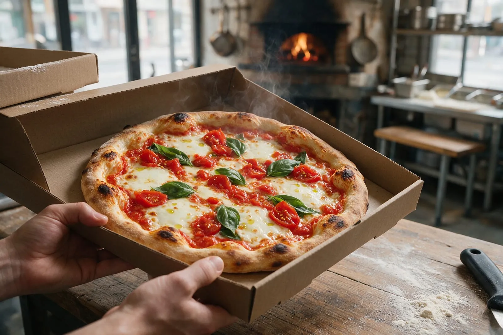 Pizza margherita appena sfornata appoggiata in un cartone da asporto in una pizzeria napoletana