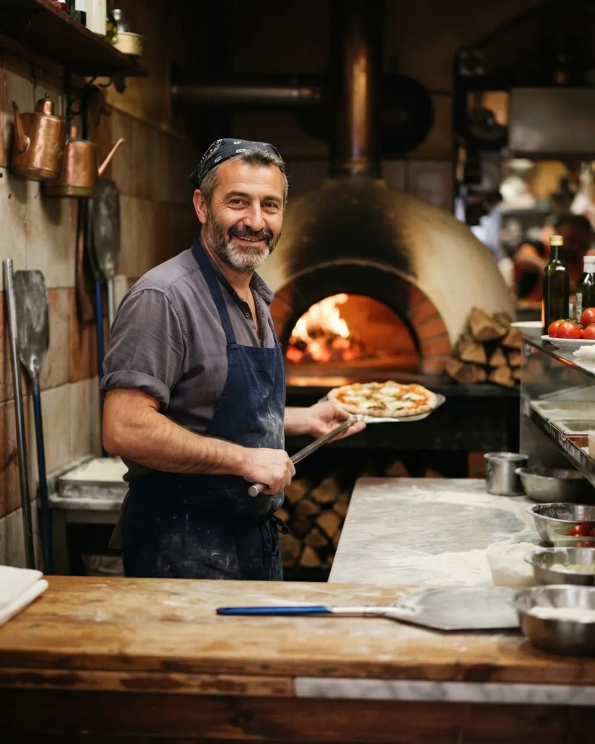 Pizzaiolo con grembiule e pala tiene una pizza davanti al forno a legna acceso della sua pizzeria