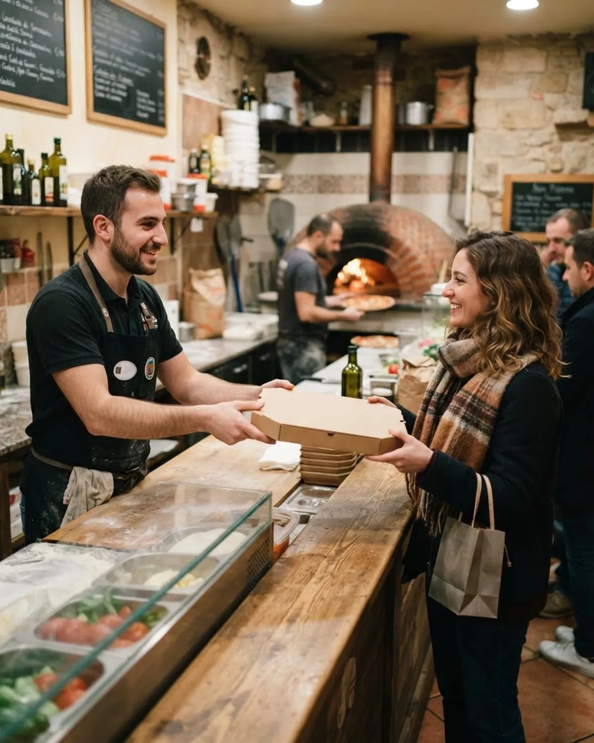 Addetto consegna una scatola della pizza a una cliente sorridente al bancone dell'asporto