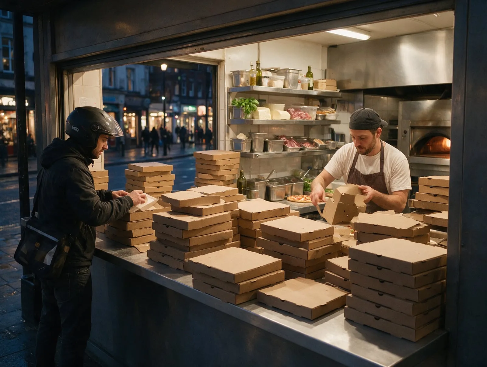Banco asporto di una pizzeria con cartoni della pizza pronti e un rider in attesa