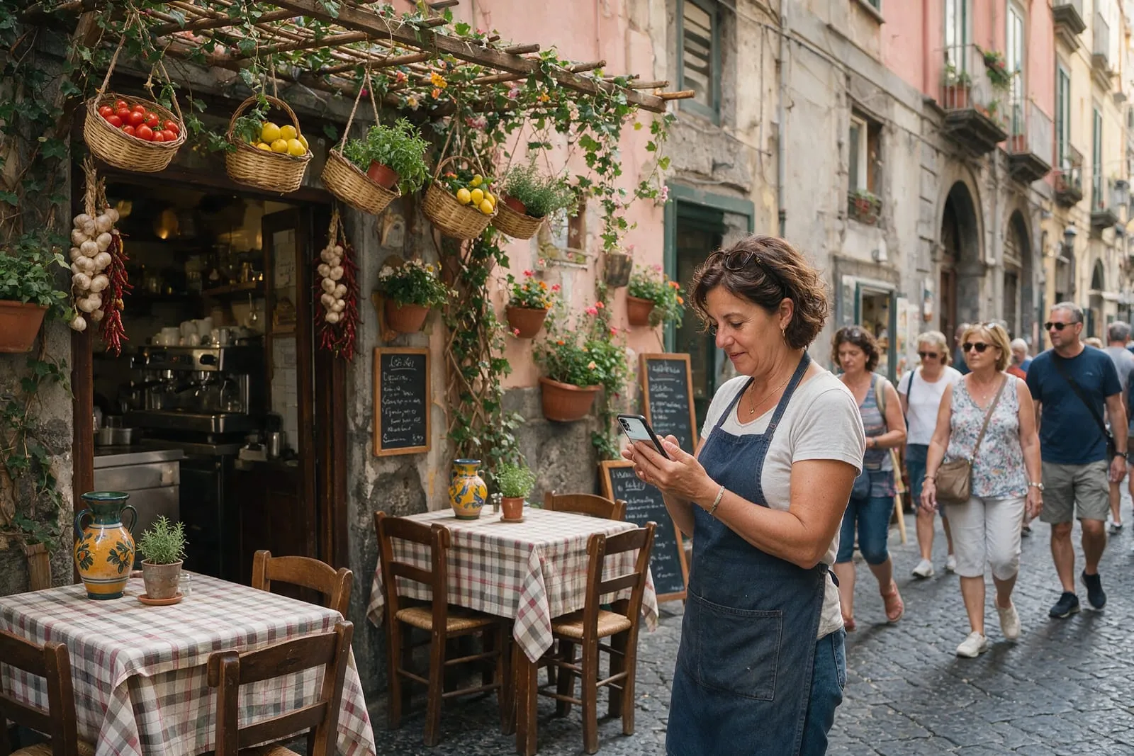 La titolare di una trattoria di Napoli controlla la scheda della sua attività sullo smartphone, con turisti che passano in strada