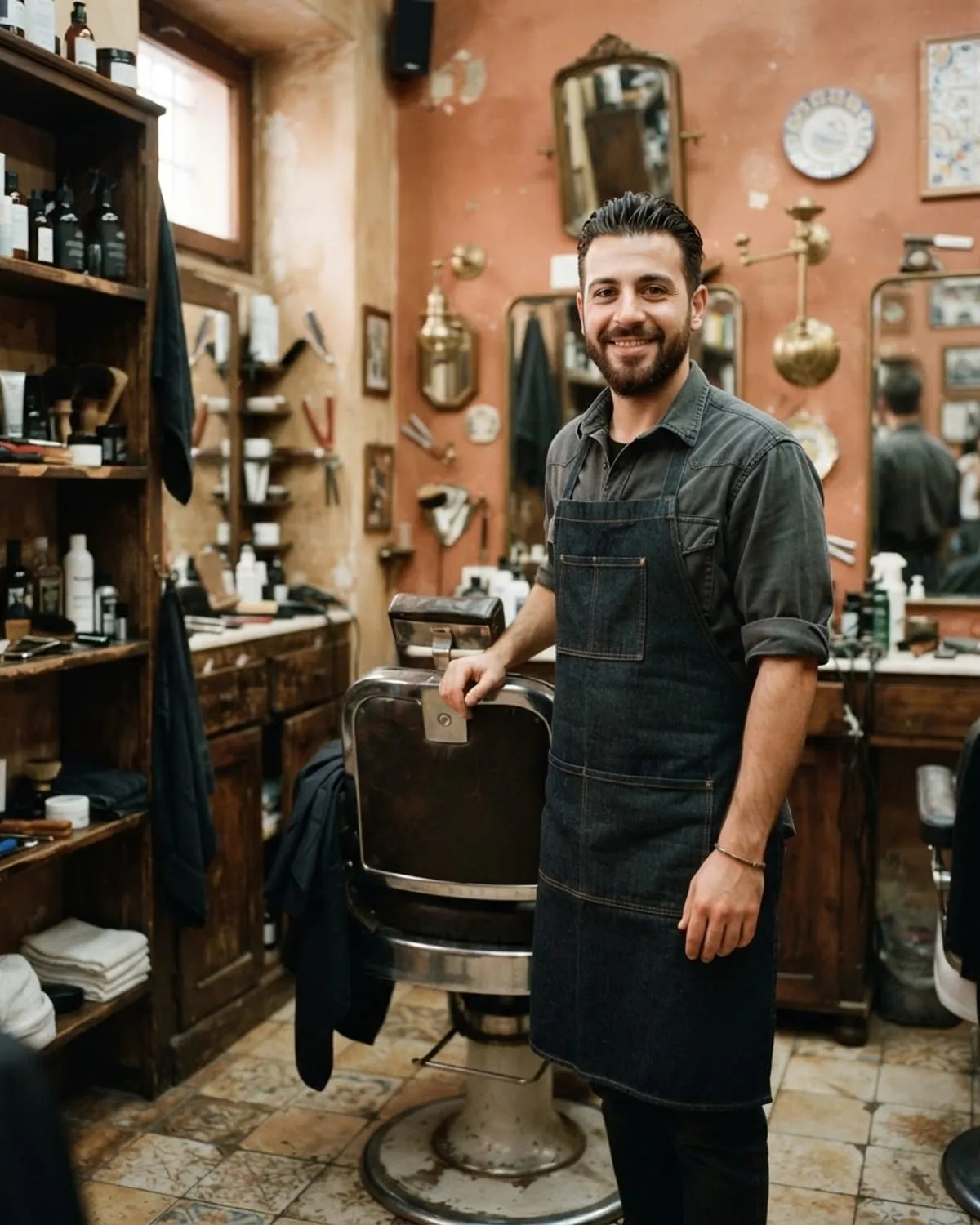 Un barbiere con la barba sorride accanto alla poltrona del suo piccolo salone di Napoli