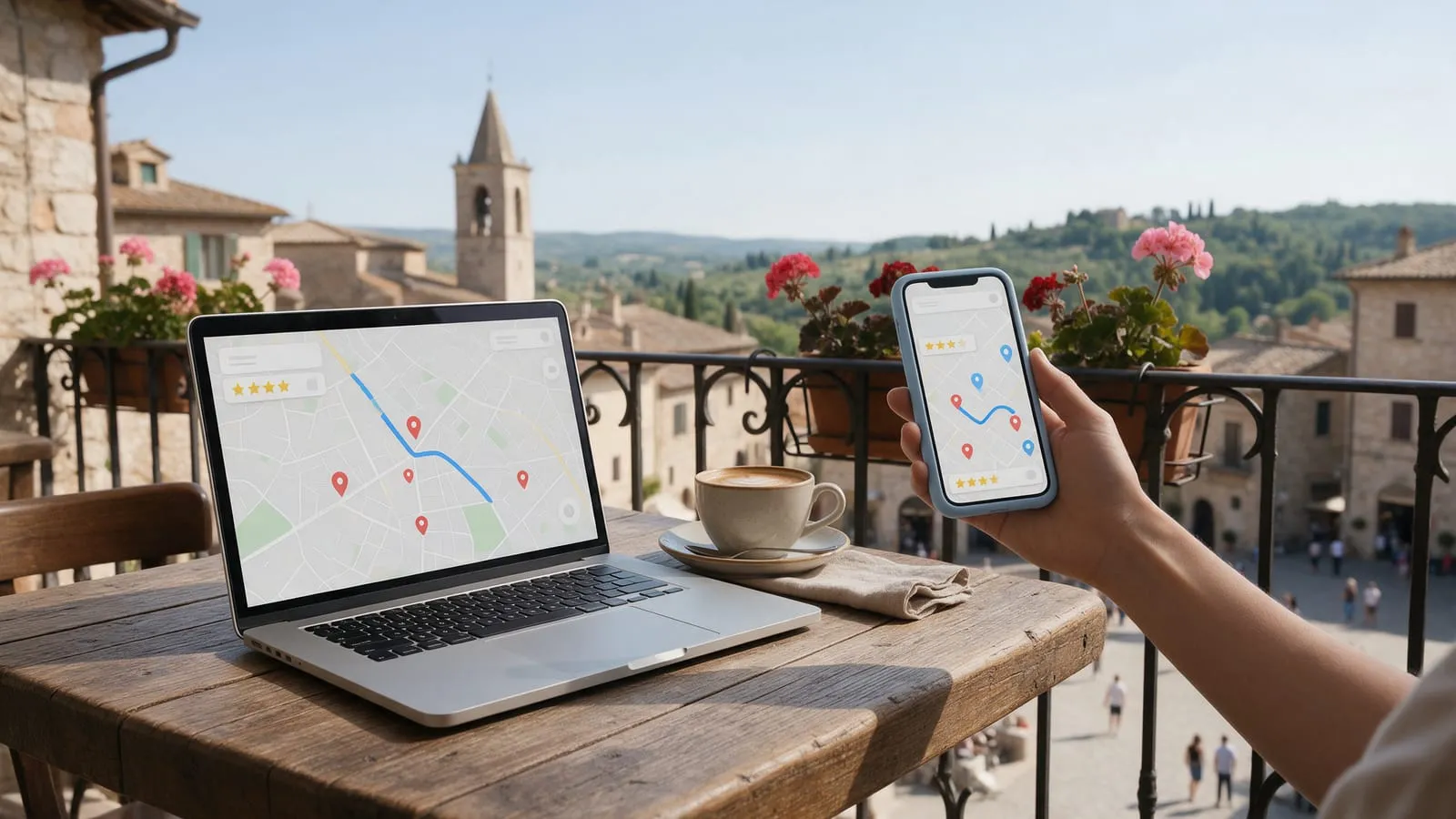 Su un tavolino di bar uno smartphone e un portatile mostrano una mappa con segnaposto e stelle di valutazione
