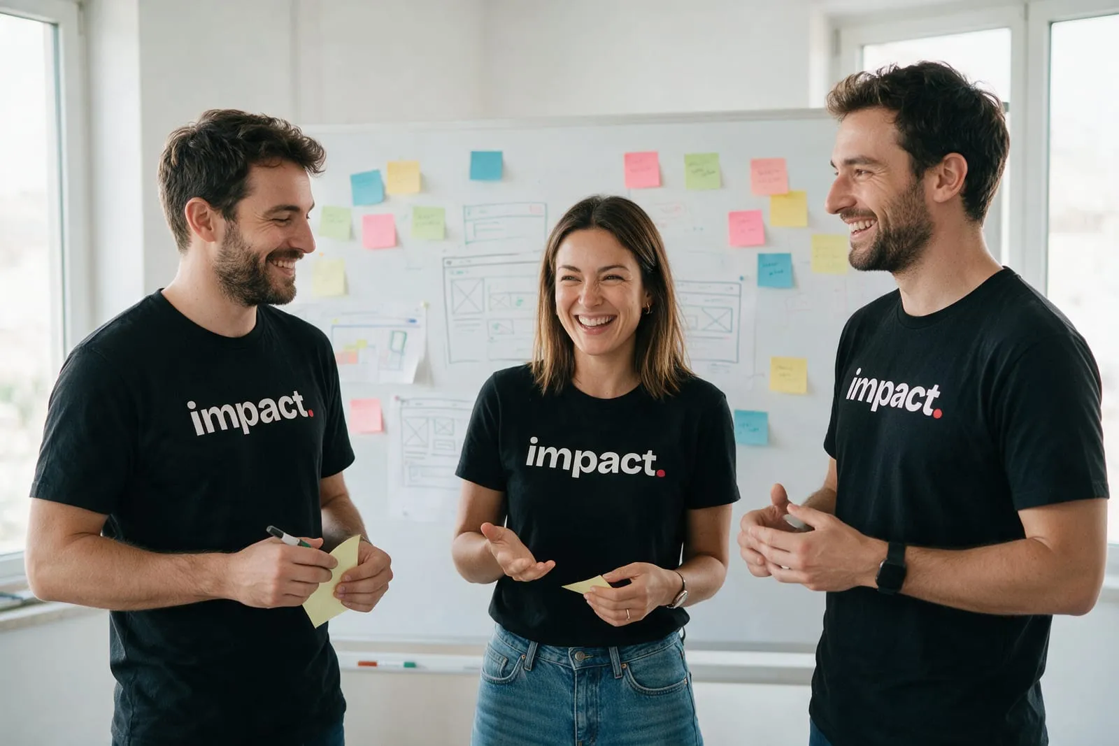 Tre persone con la maglietta nera di Impact pianificano un progetto davanti a una lavagna piena di post-it