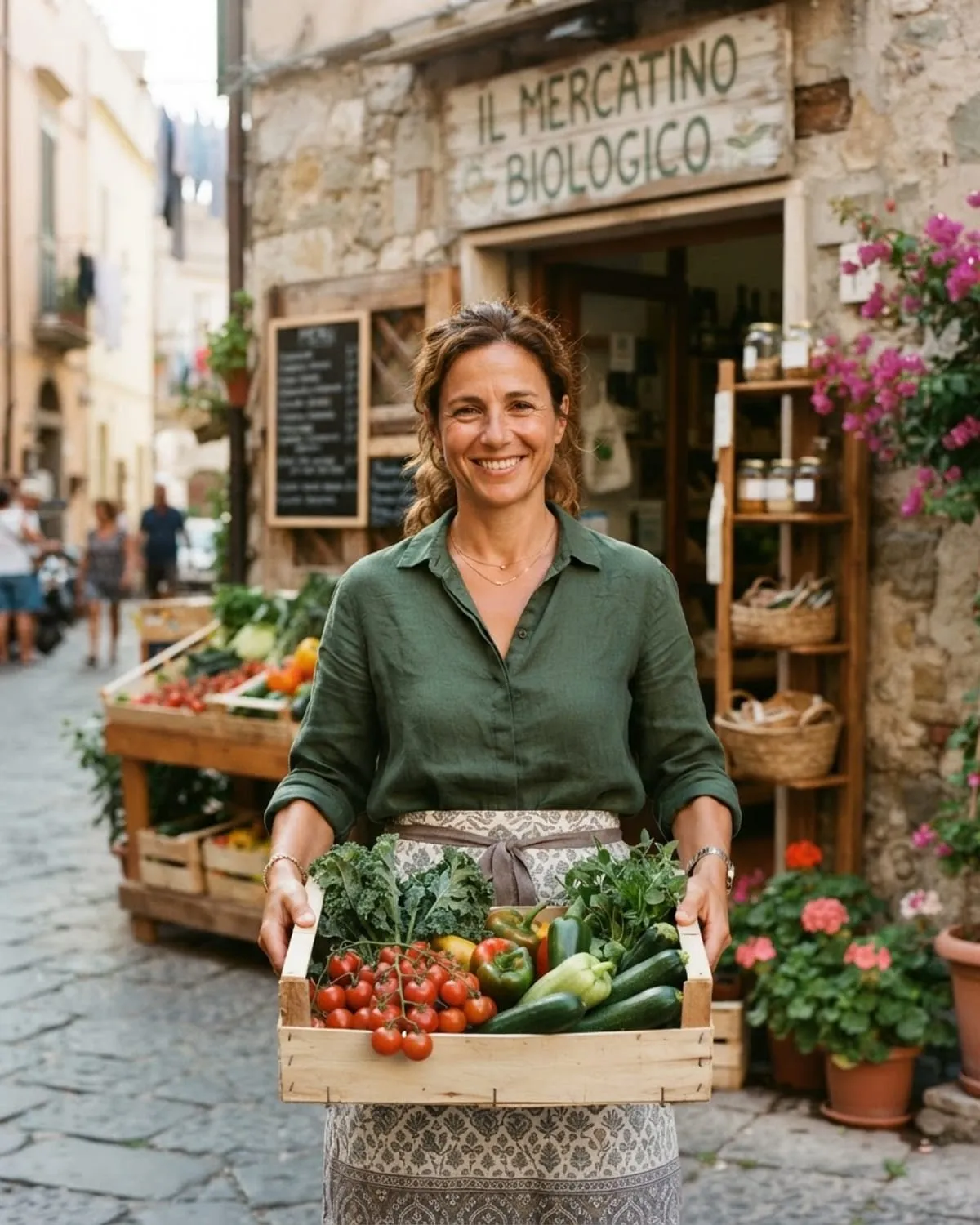 La titolare di un negozio di alimentari biologici sorride con una cassetta di verdure davanti alla sua bottega