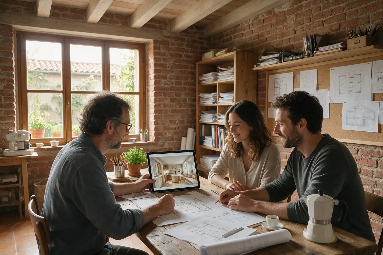 Un architetto e una giovane coppia guardano il rendering 3D di una cucina sul tablet in uno studio di architettura