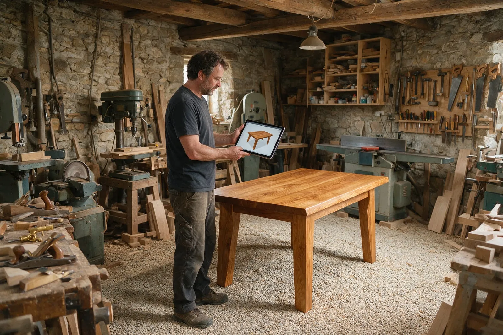 Un falegname in laboratorio accanto a un tavolo di legno finito, con il tablet che mostra il rendering dello stesso tavolo