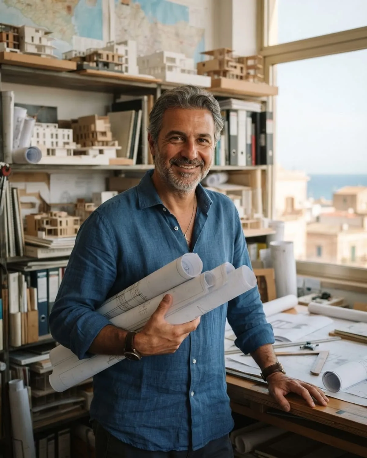 Un architetto con i rotoli di disegni in mano nel suo studio, con modellini di edifici sugli scaffali