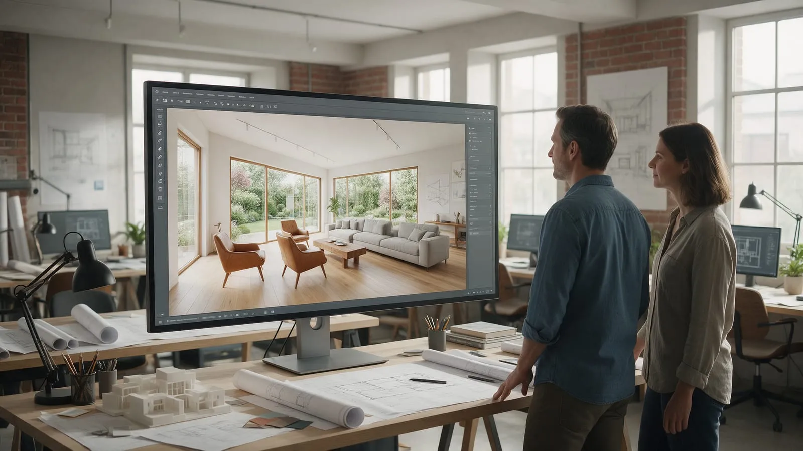 Un architetto e una cliente guardano su un grande monitor il rendering 3D di un soggiorno luminoso