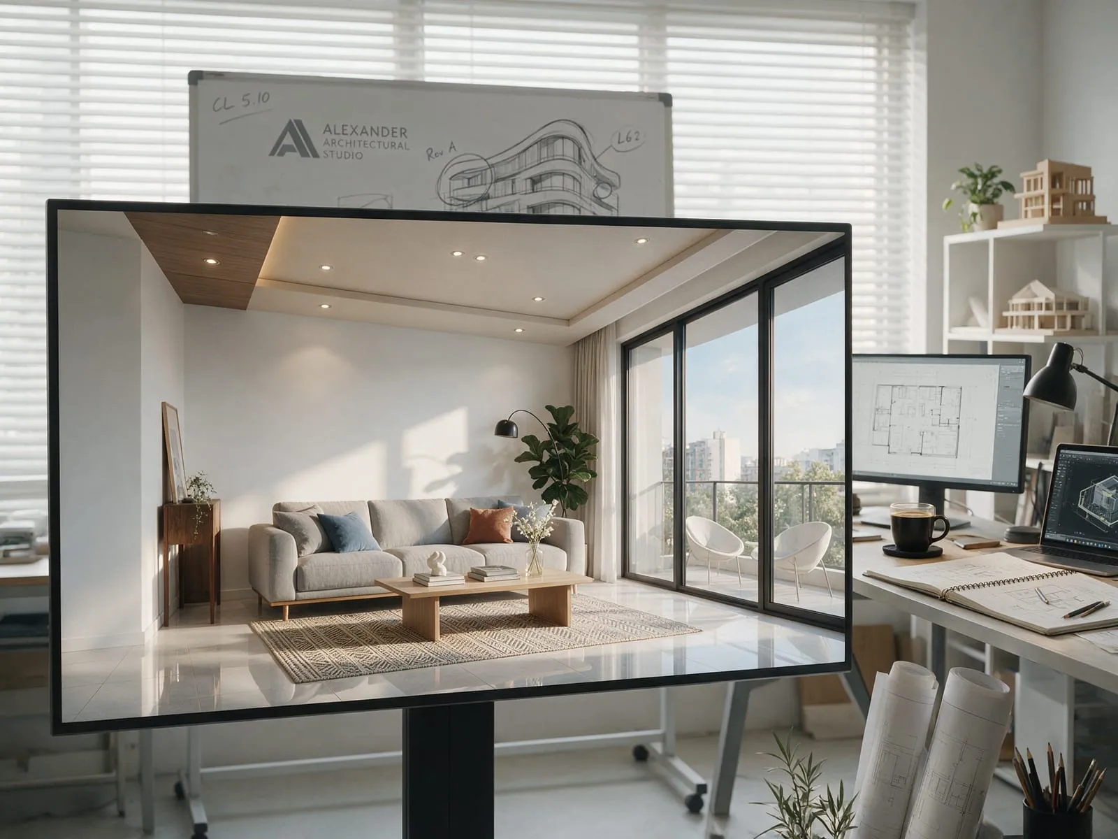 Il rendering fotorealistico di un soggiorno moderno su un grande schermo