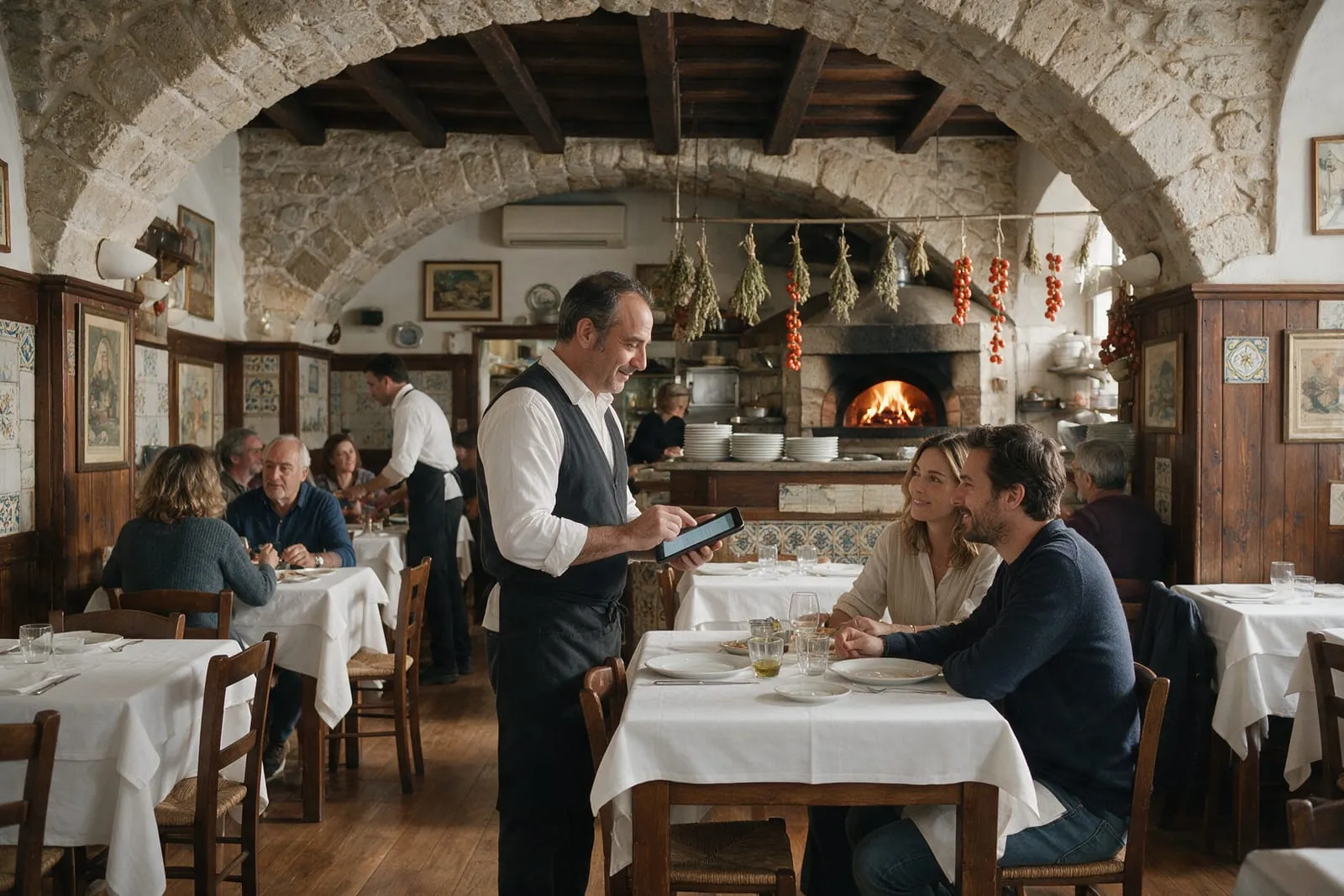Ristoratore in sala prende un'ordinazione con il tablet da una coppia seduta in una trattoria napoletana