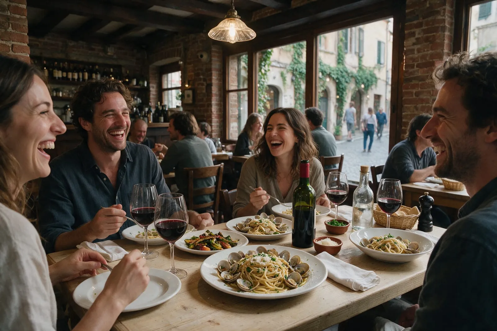 Tavolo di una trattoria con piatti di pasta alle vongole, vino e amici che ridono insieme