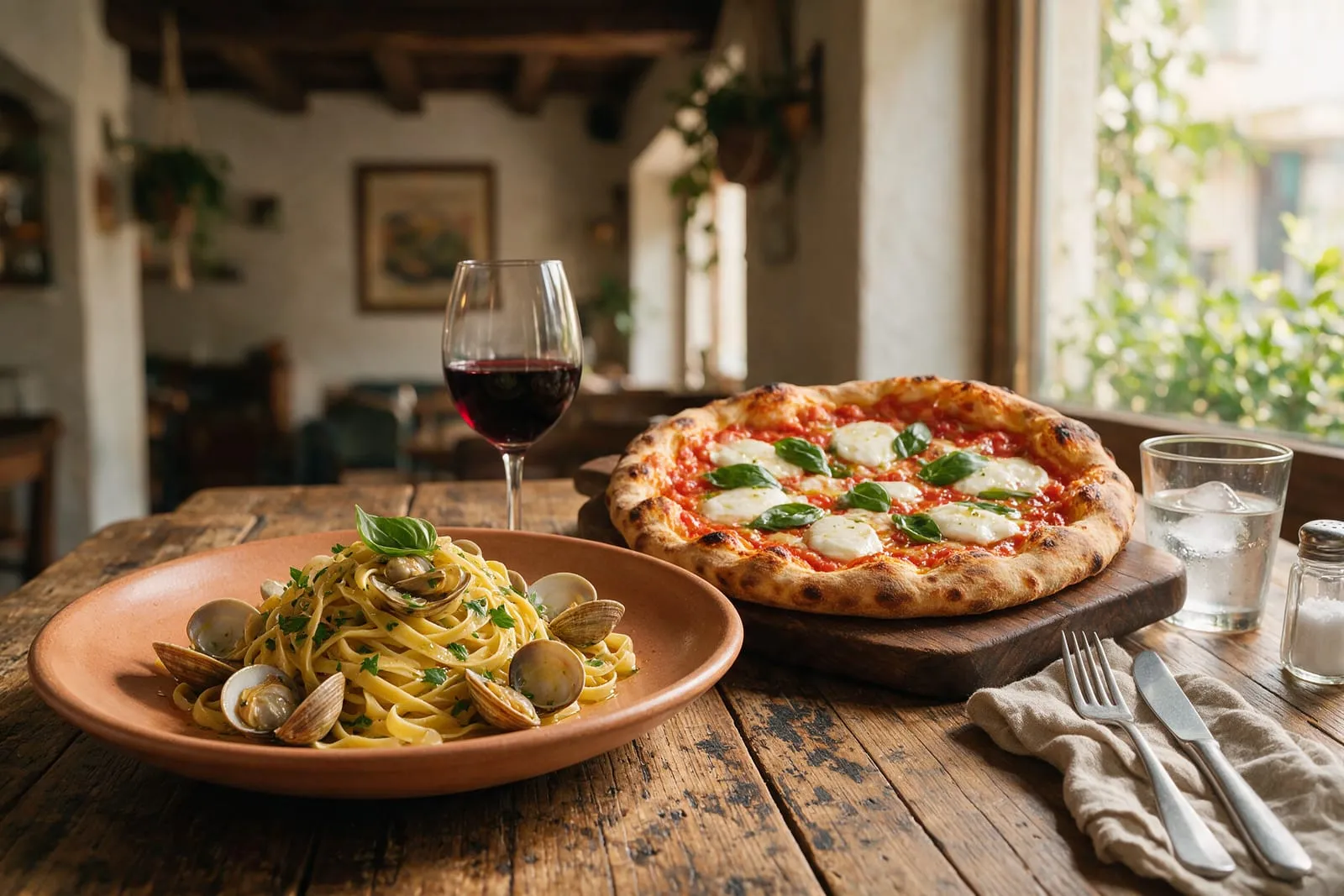 Spaghetti alle vongole e pizza margherita su un tavolo rustico di trattoria con un calice di vino