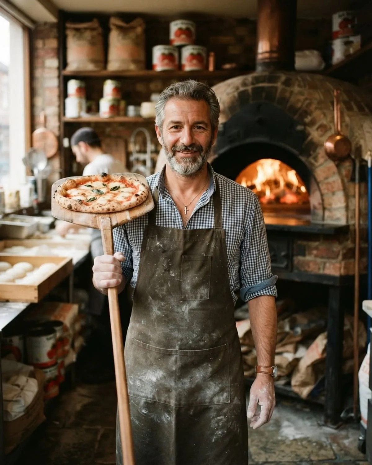 Pizzaiolo in grembiule con la pala e una pizza appena sfornata davanti al forno a legna