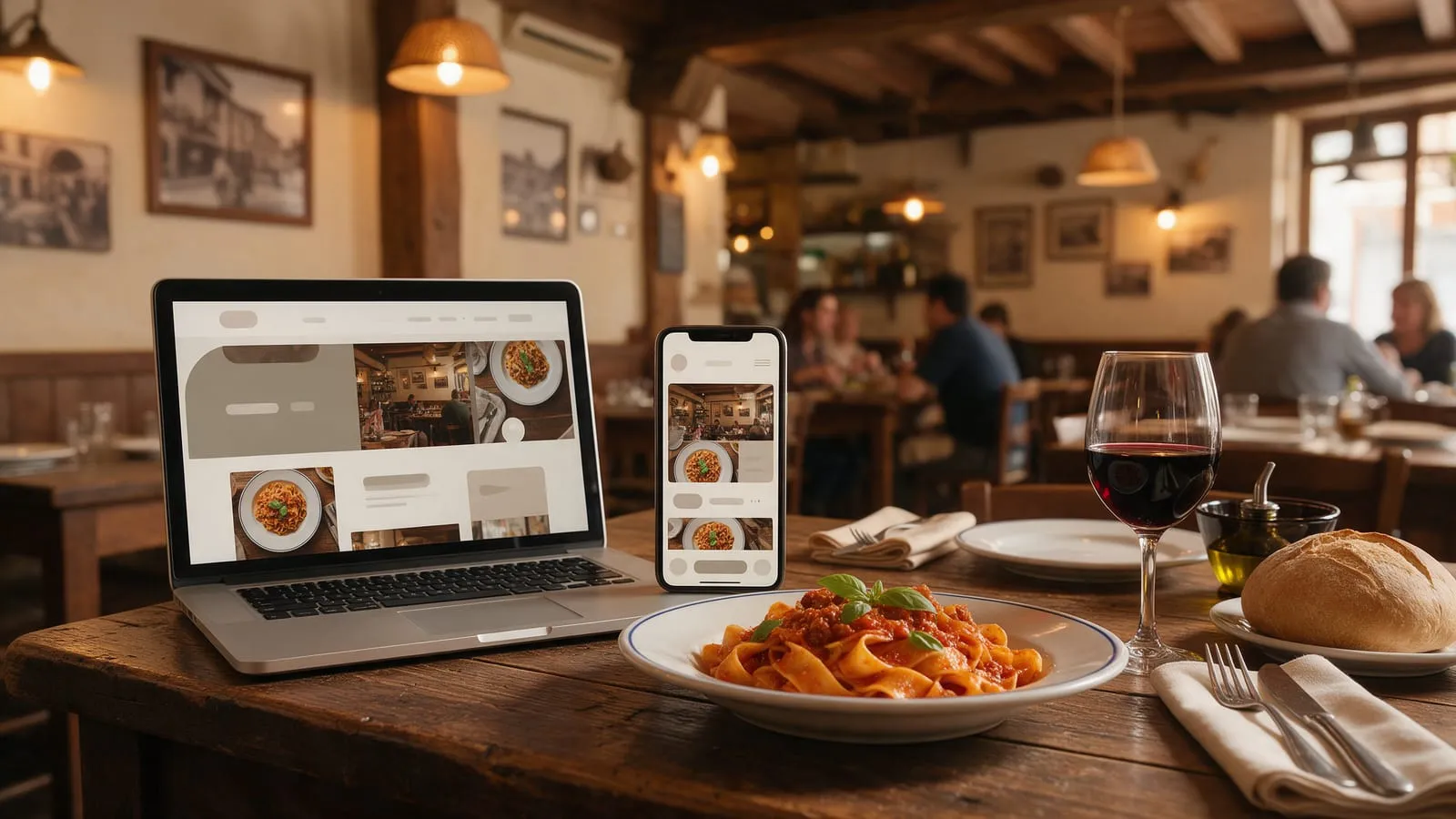 Sito di un ristorante su laptop e smartphone su un tavolo di trattoria, con piatti di pasta e un calice di vino