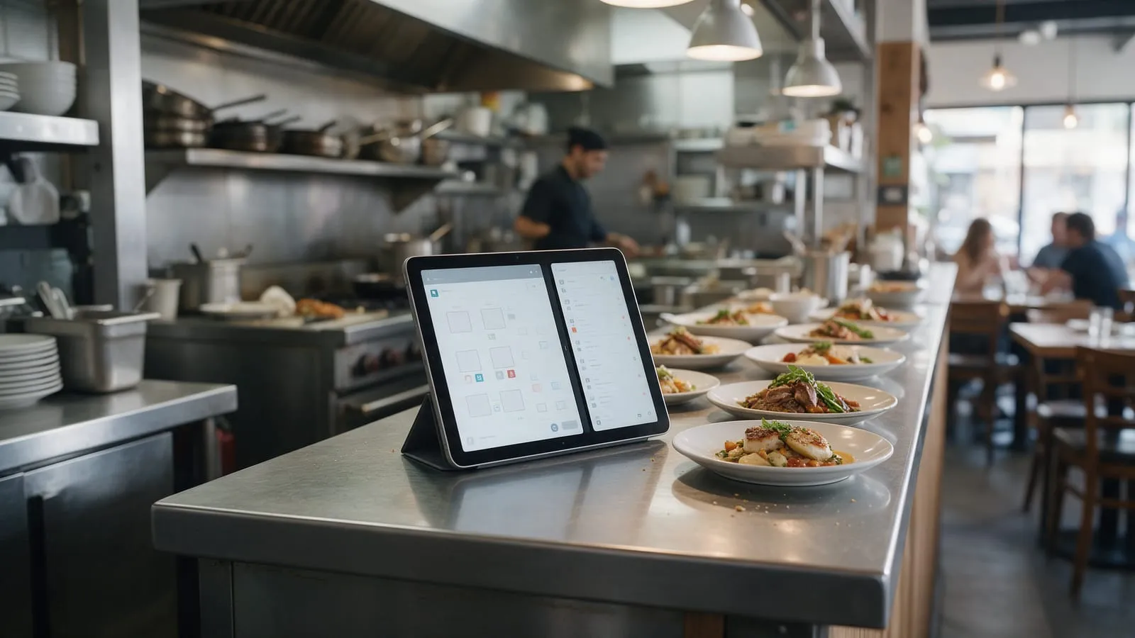 Tablet con piantina dei tavoli e lista ordini al passe della cucina, accanto a piatti pronti