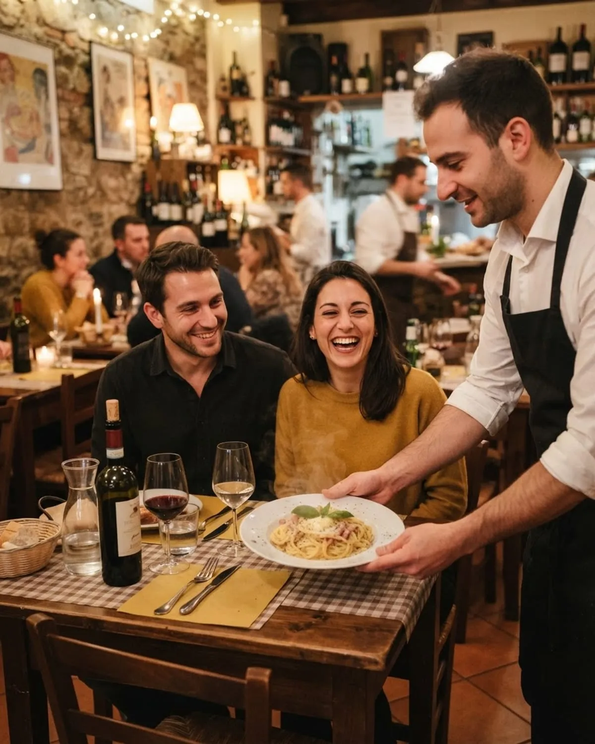 Cameriere serve un piatto di pasta a una coppia sorridente a un tavolo della trattoria