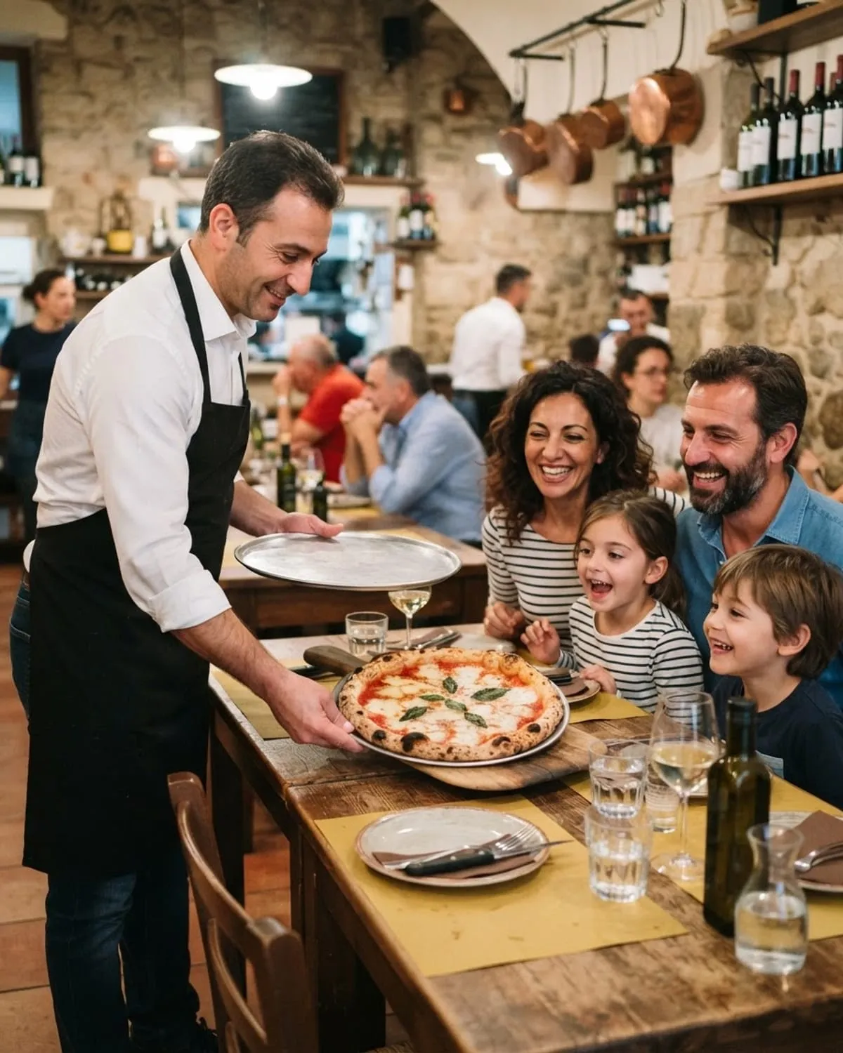 Cameriere serve una pizza margherita a una famiglia sorridente al tavolo di una pizzeria