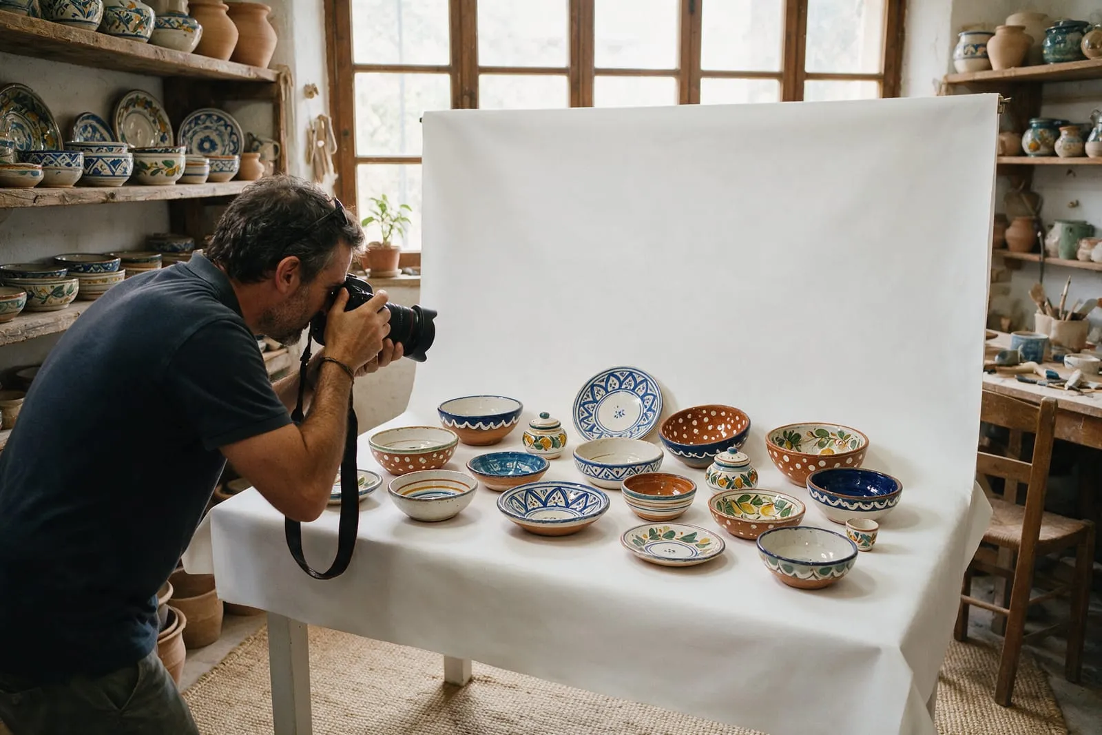 Un fotografo scatta a ciotole di ceramica decorata su fondale bianco in una piccola bottega artigiana