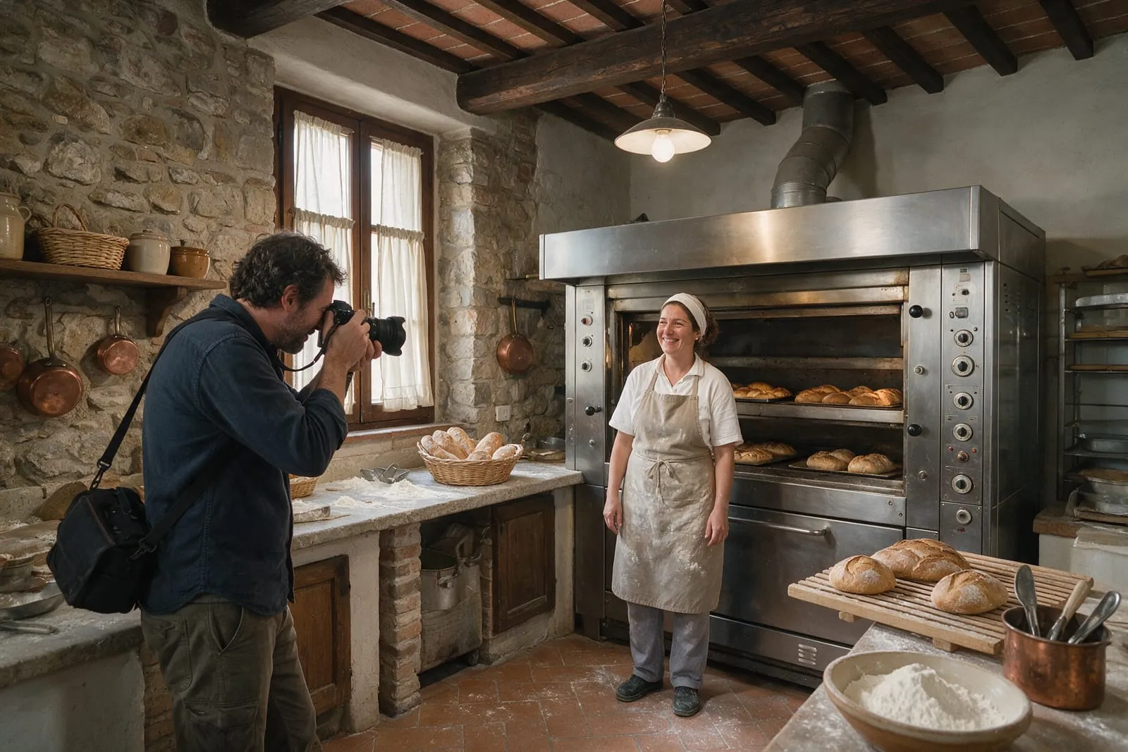 Un fotografo ritrae una panettiera sorridente davanti al forno, con il grembiule infarinato, in un panificio italiano